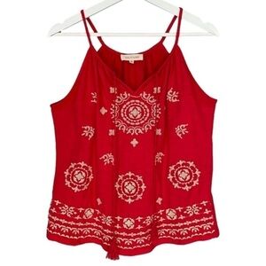 SOLITAIRE Tank Top Spaghetti Strap Red w/Cream Stitch Design Women Size M